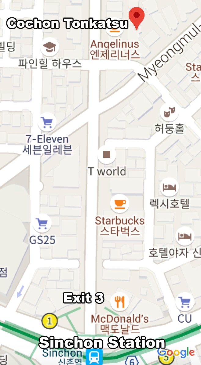 Карта с маршрутом к ресторану Cochon Tonkatsu, расположенного недалеко от станции метро Синчон в Сеуле. На карте отмечены близлежащие места, такие как Starbucks и 7-Eleven.