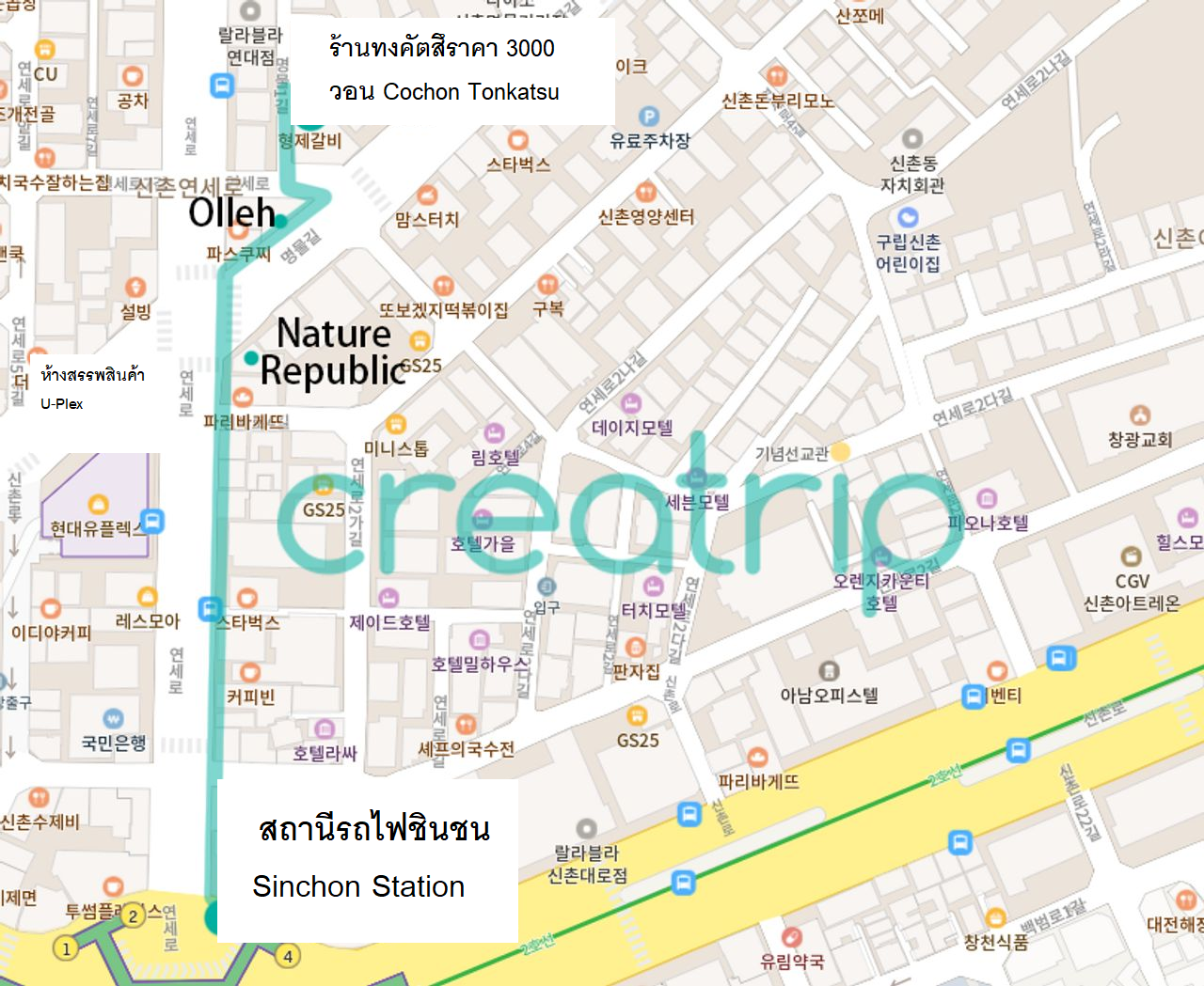 แผนที่ของย่านชินชนในกรุงโซลระบุเส้นทางไปร้าน Cochon Tonkatsu ร้านทงคัตสึในตำนานราคาถูก 3000 วอน