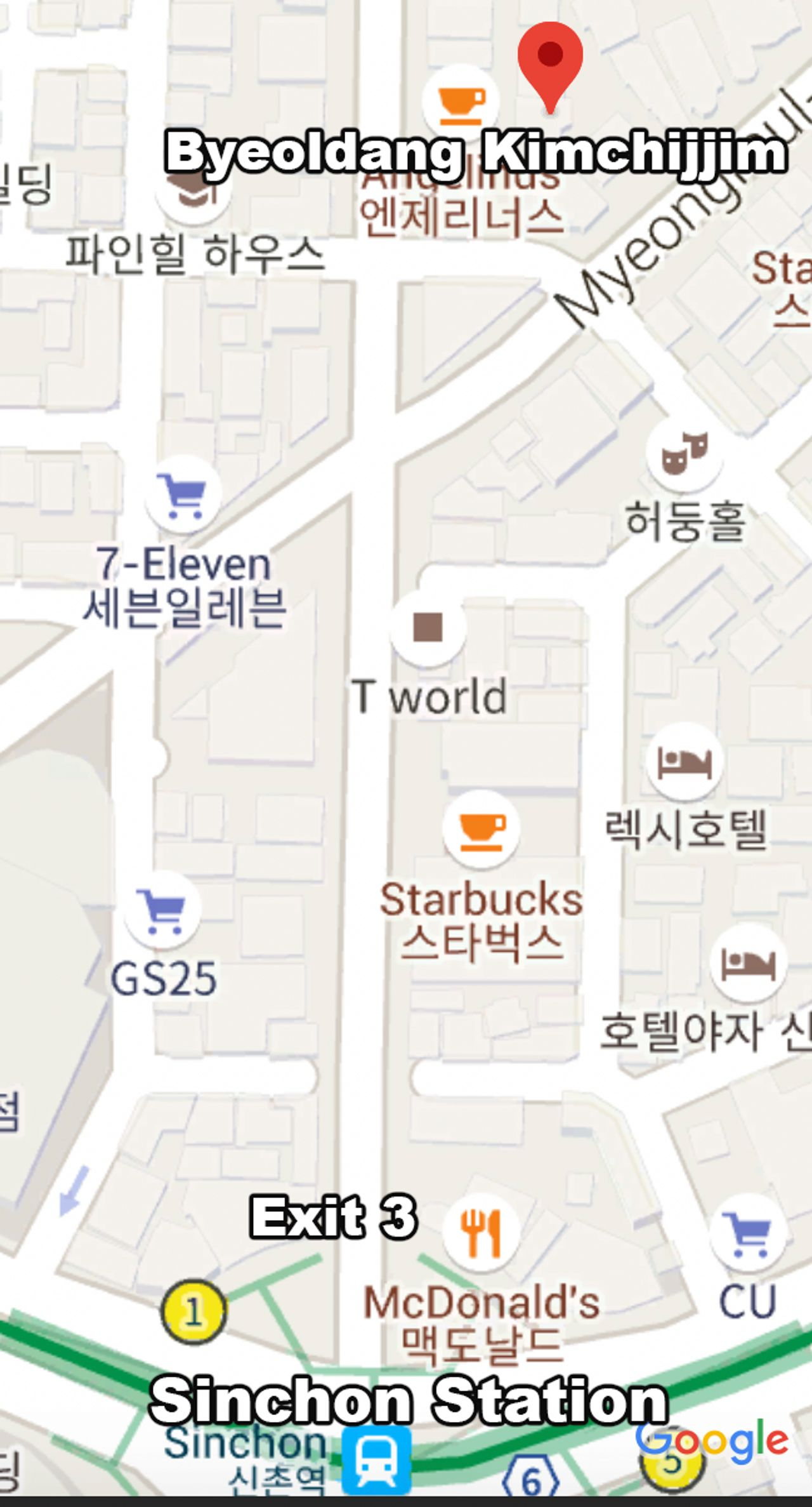 Menu del restaurante Byeoldang Kimchijjim, destacando platos económicos como Kimchijjim y Jeyuk Bokkeum a ₩5,000 en Sinchon, Seúl.