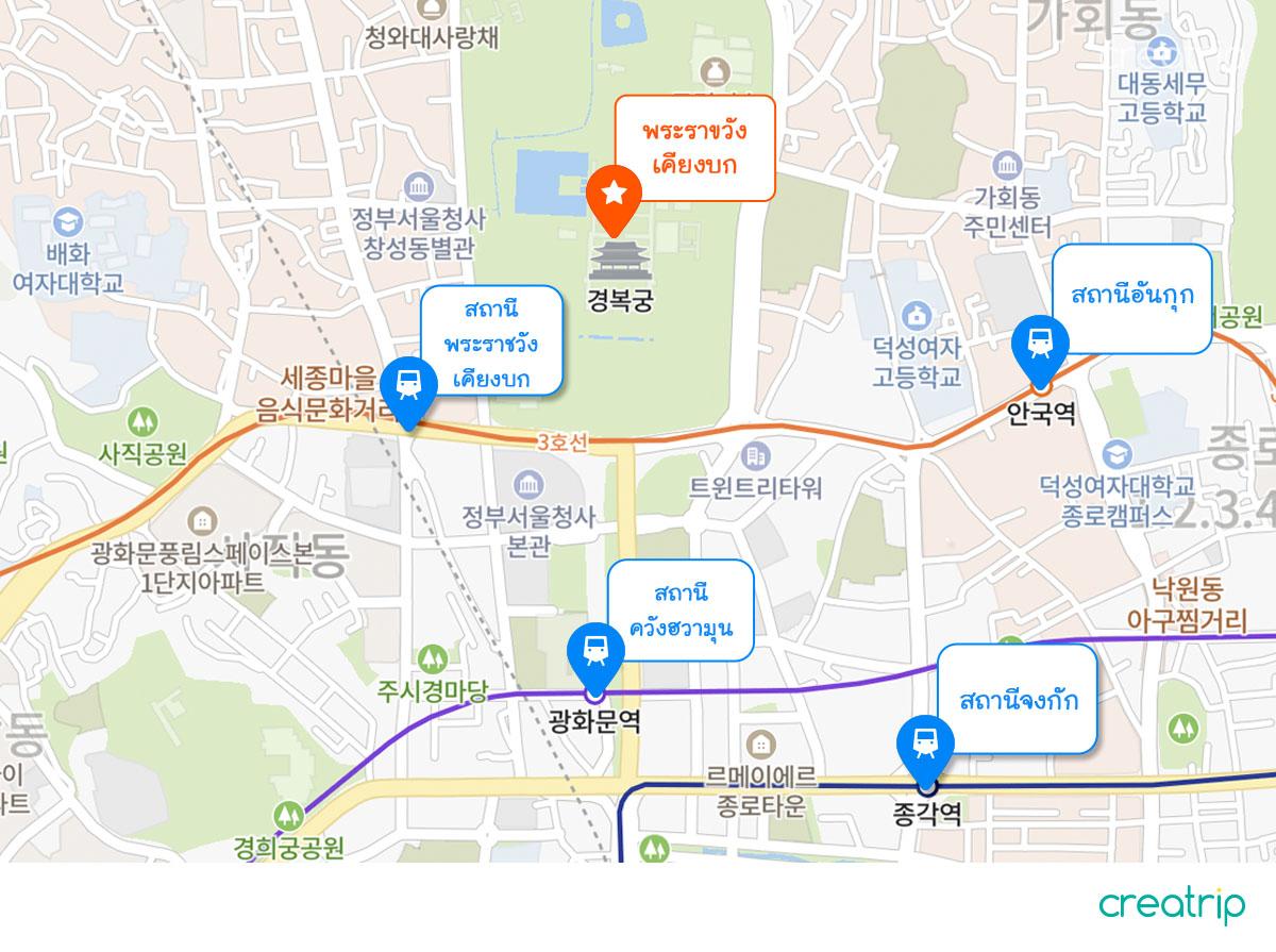 แผนที่บริเวณพระราชวังเคียงบกในกรุงโซลสำหรับนักท่องเที่ยวในการวางแผนเที่ยว
