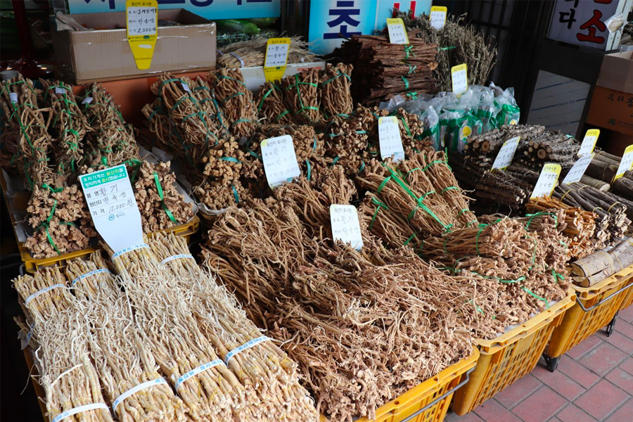 약령시장에서 다양한 약재가 진열되어 있는 모습.