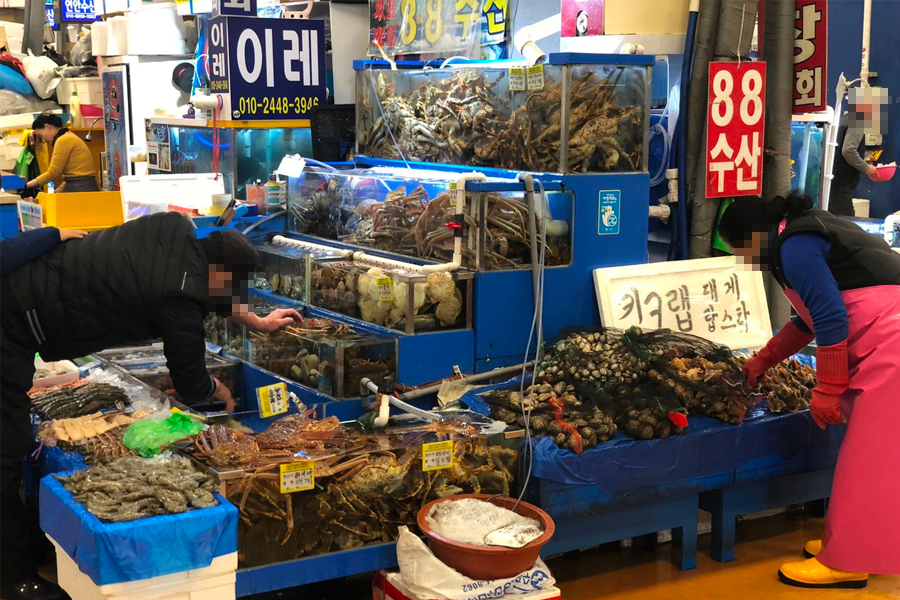 노량진 수산시장에서 고객들이 신선한 해산물을 고르는 장면.