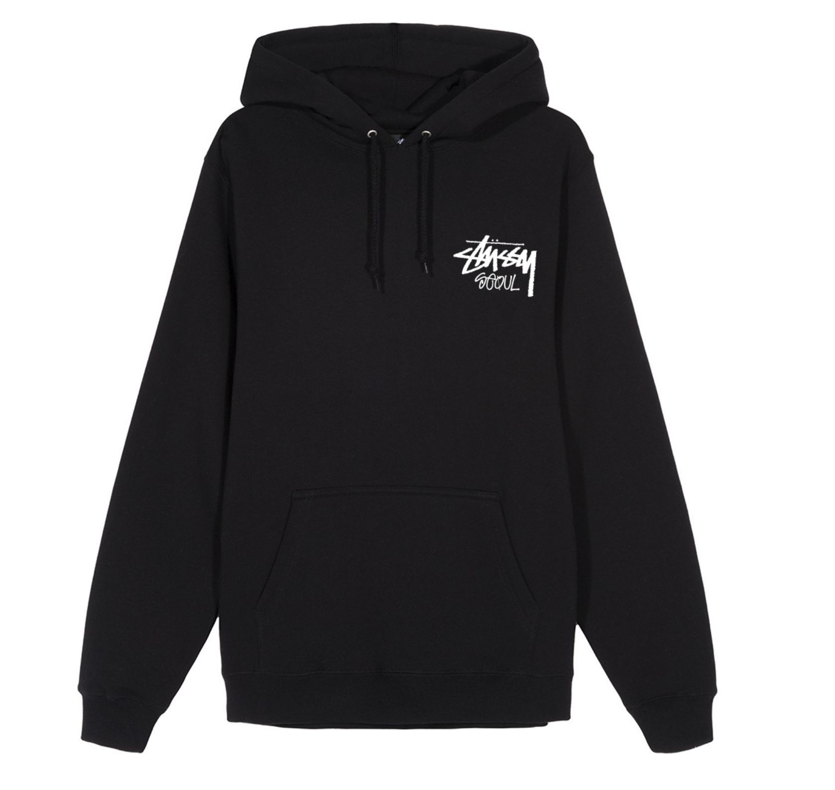 เสื้อฮู้ดรุ่นลิมิเตดสีดำจาก Stussy คอลเลคชั่นเกาหลี พร้อมโลโก้ Stussy Seoul ที่หน้าอกด้านซ้าย