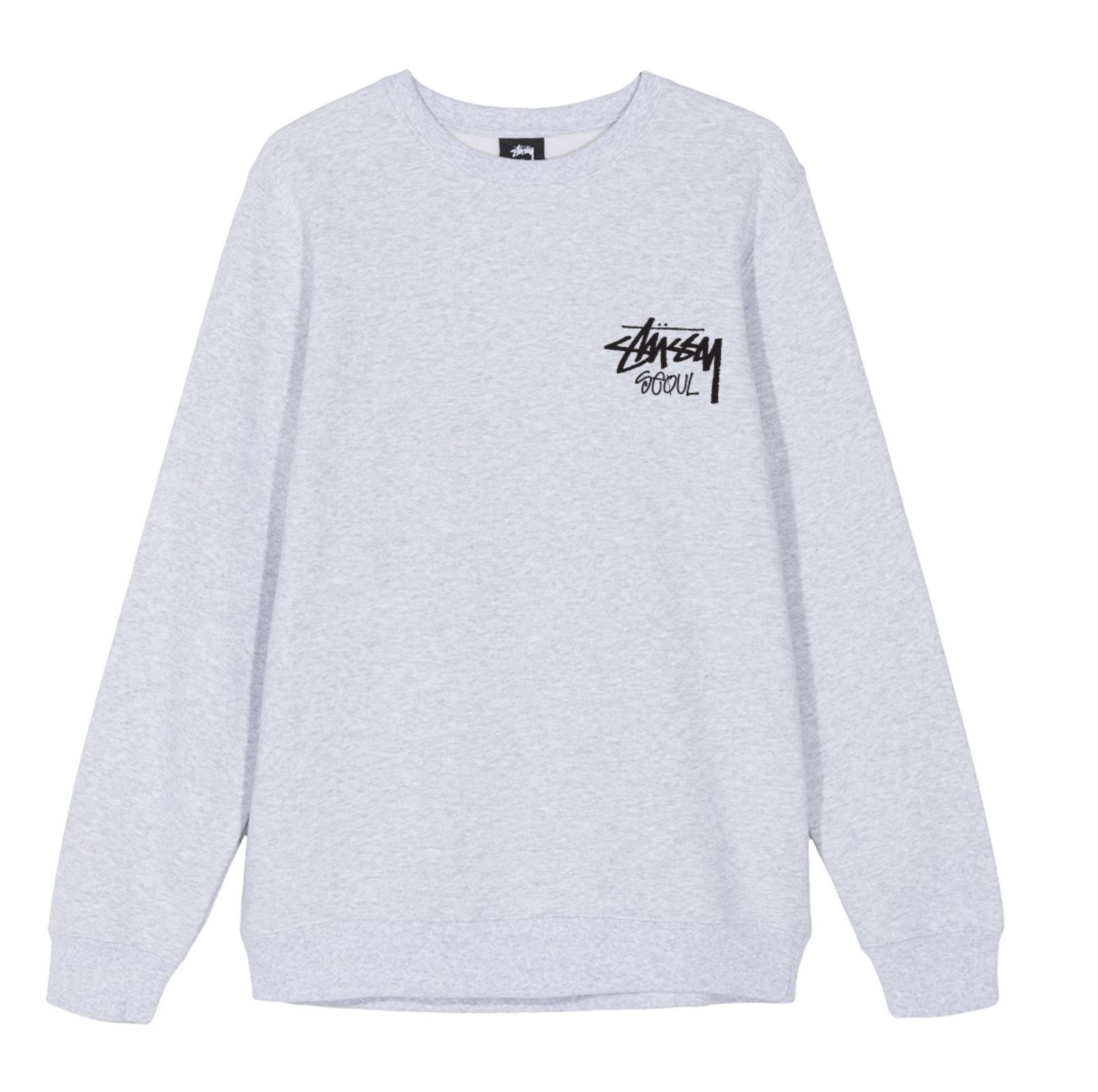 เสื้อสเวตเตอร์ Stussy รุ่นลิมิเตดสีเทาพร้อมโลโก้ Stussy Seoul ที่หน้าอกด้านซ้าย จากคอลเลคชั่นเกาหลี