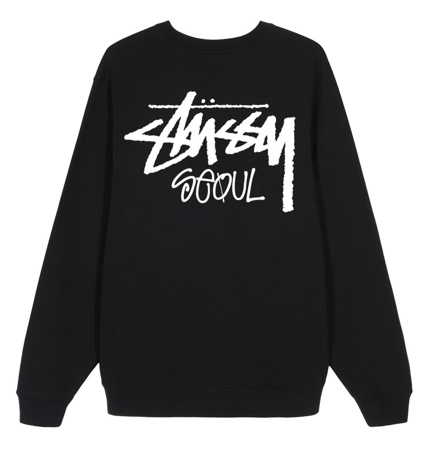 เสื้อสเวตเตอร์ Stussy รุ่นลิมิเตดสีดำพร้อมโลโก้ Stussy Seoul ขนาดใหญ่ที่ด้านหลัง จากคอลเลคชั่นเกาหลี
