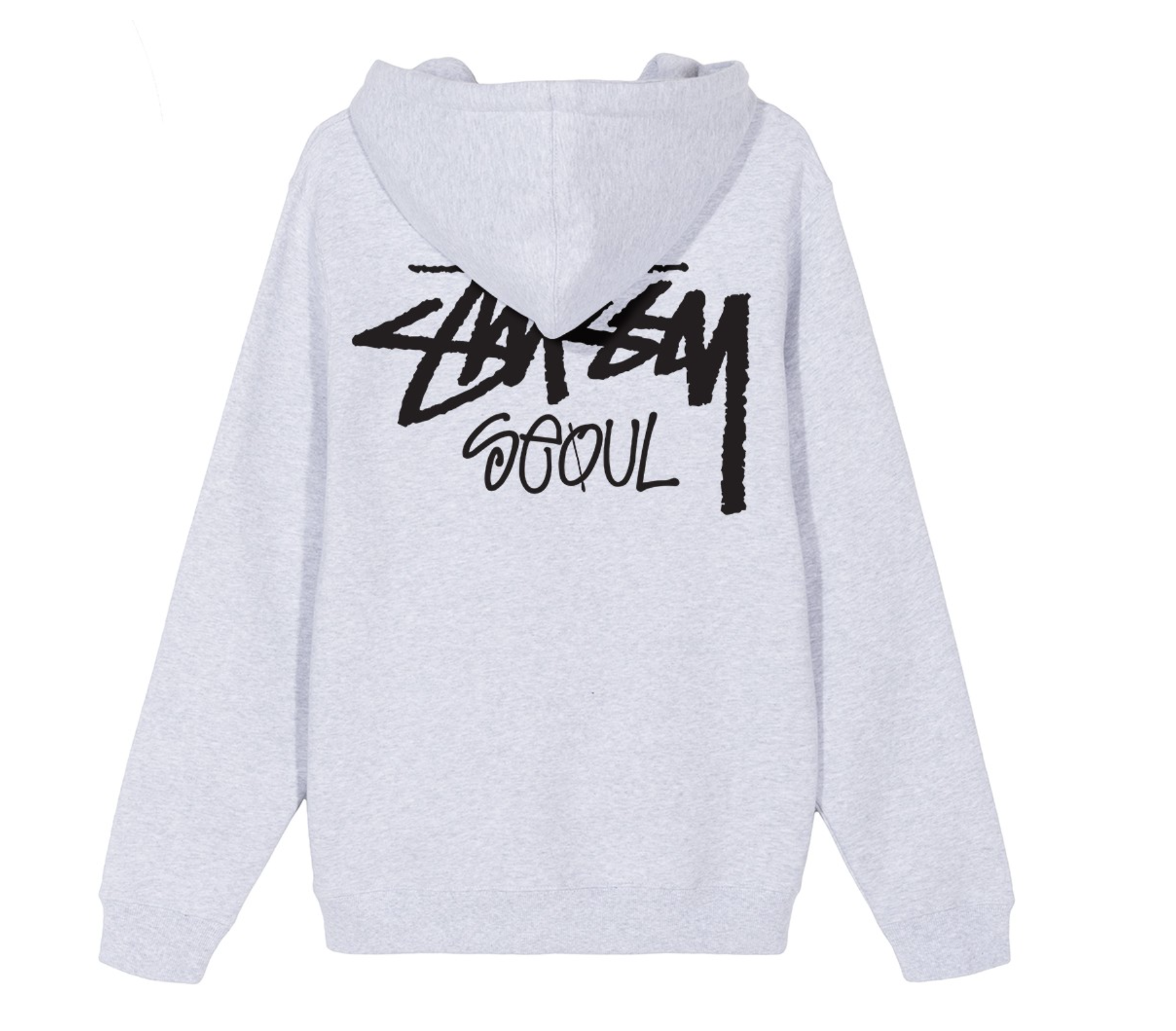 เสื้อฮู้ดรุ่นลิมิเตดสีเทาอ่อน Stussy จากคอลเลคชั่นเกาหลี พร้อมโลโก้ Stussy Seoul ขนาดใหญ่ที่ด้านหลัง