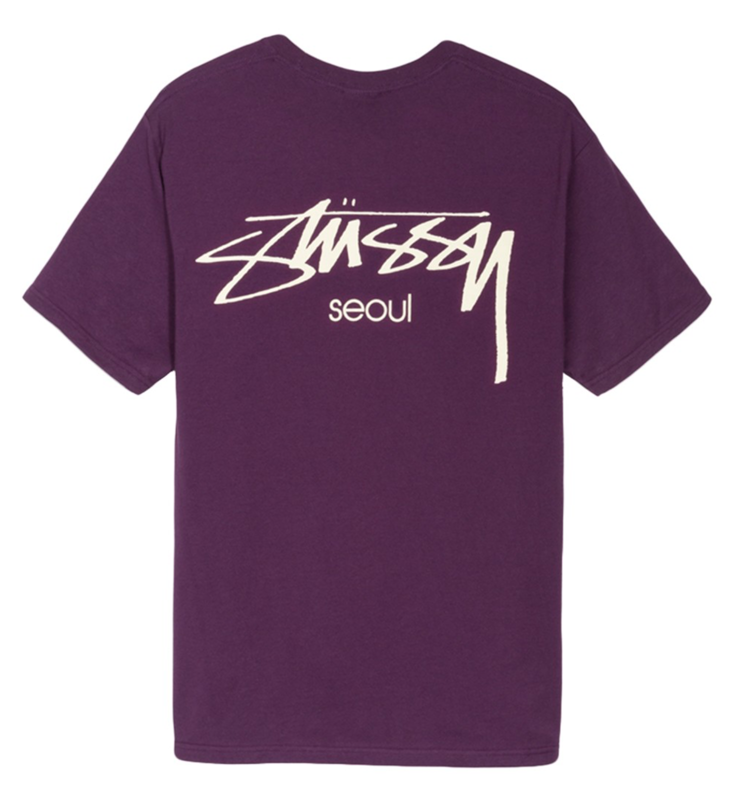 เสื้อยืด Stussy รุ่นลิมิเตดสีม่วงพร้อมโลโก้ Stussy Seoul ขนาดใหญ่ที่ด้านหลัง จากคอลเลคชั่นเกาหลี