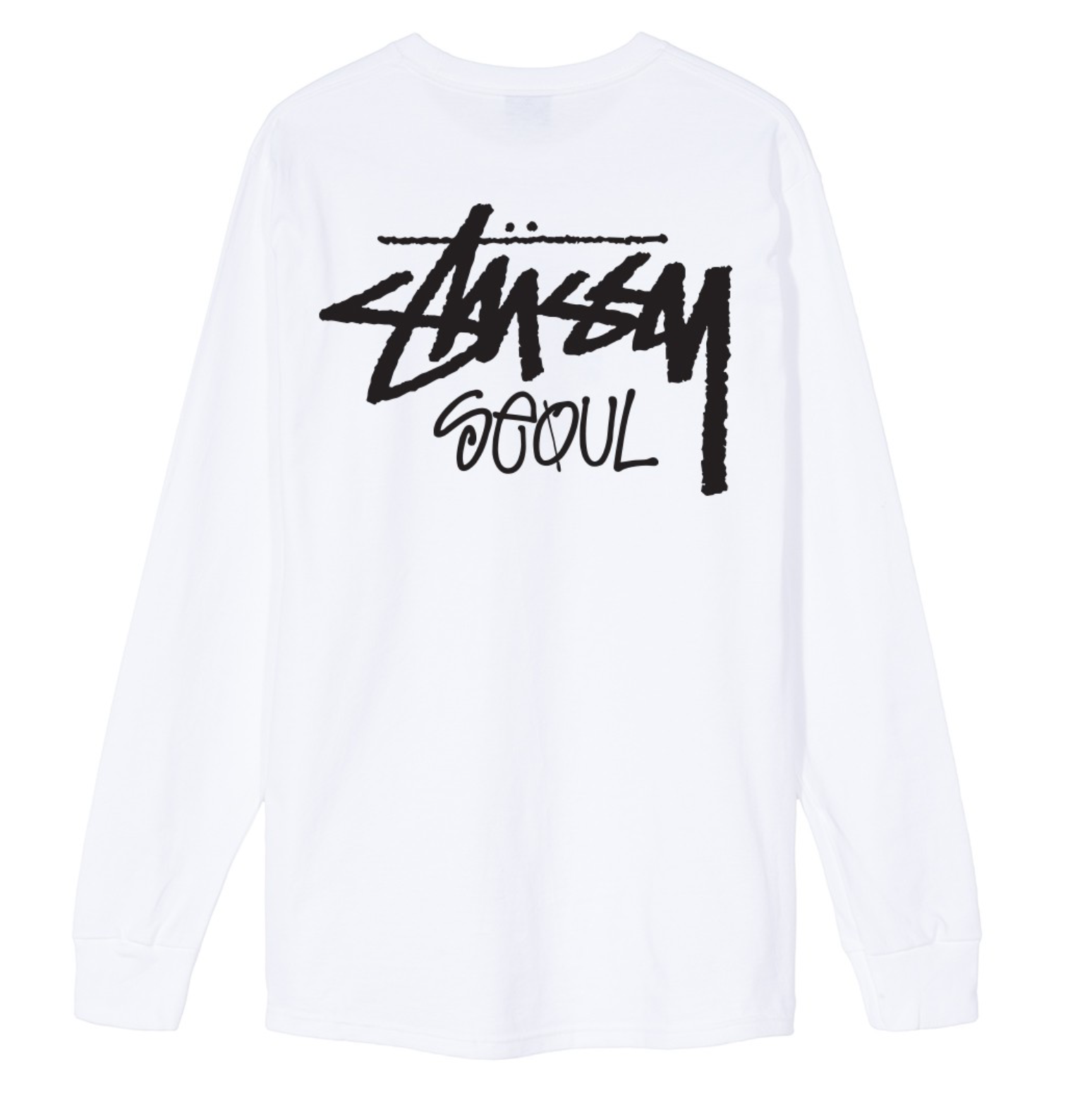 เสื้อแขนยาว Stussy รุ่นลิมิเตดสีขาวพร้อมโลโก้ Stussy Seoul ขนาดใหญ่ที่ด้านหลัง จากเกาหลี
