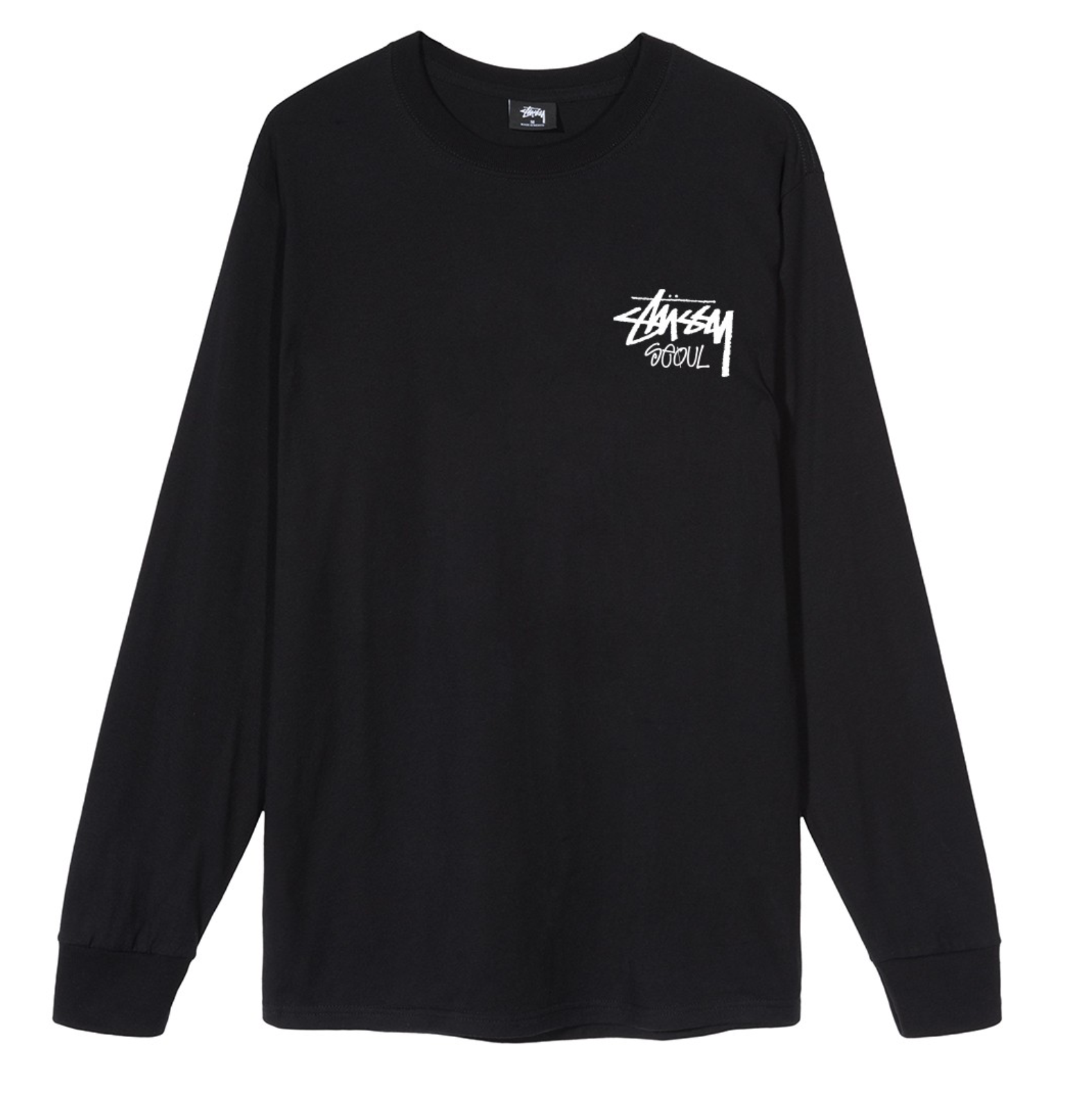 เสื้อแขนยาว Stussy รุ่นลิมิเตดสีดำพร้อมโลโก้ Stussy Seoul ที่หน้าอกด้านซ้าย จากคอลเลคชั่นเกาหลี