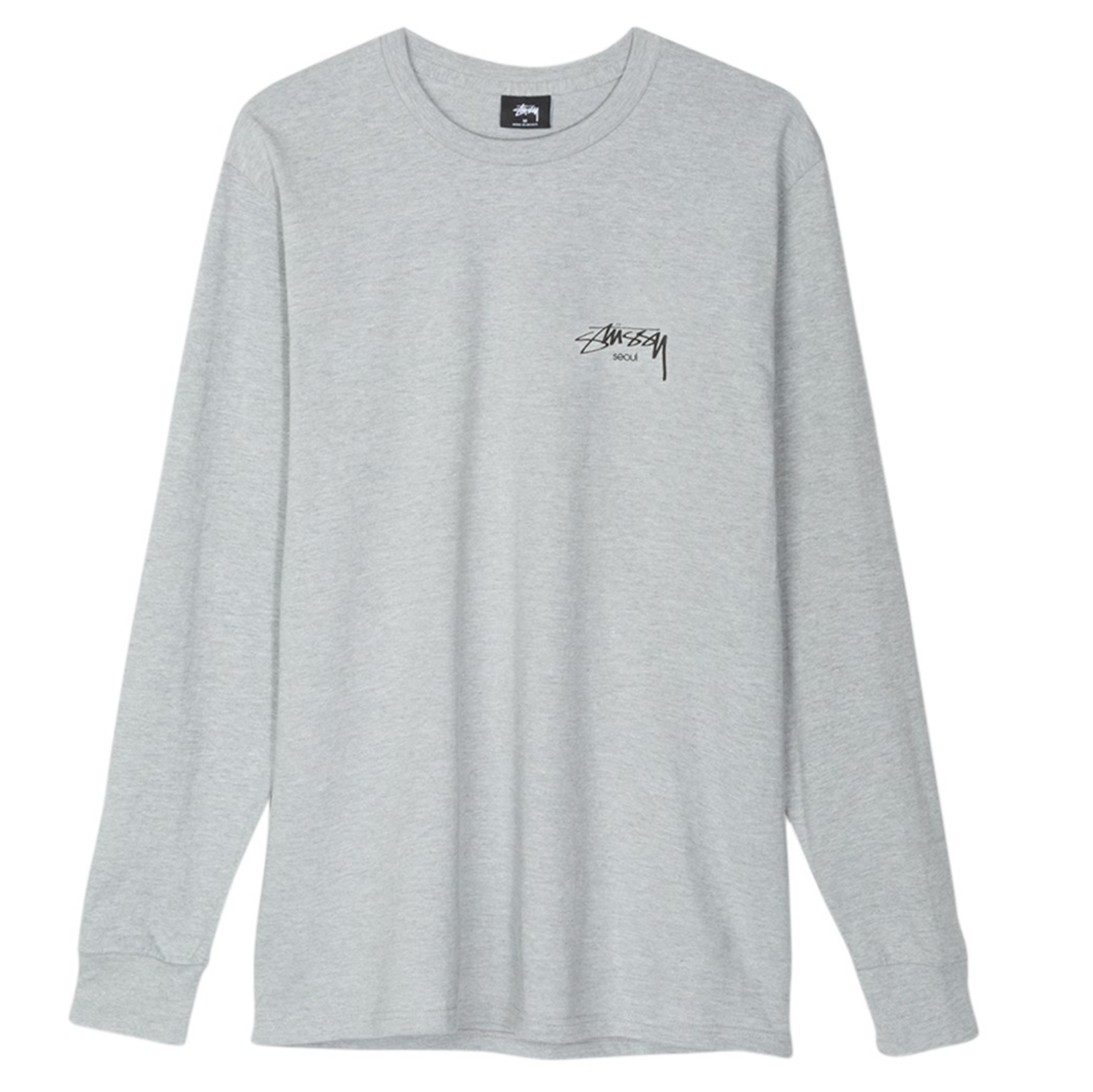 เสื้อแขนยาว Stussy รุ่นลิมิเตดสีเทาพร้อมโลโก้ Stussy Seoul ที่หน้าอกด้านซ้าย จากคอลเลคชั่นเกาหลี