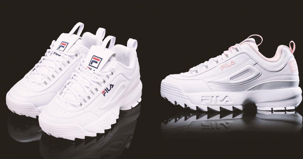 Giày Fila Distruptor 2 màu trắng với đế chunky, làm nổi bật phong cách đường phố.