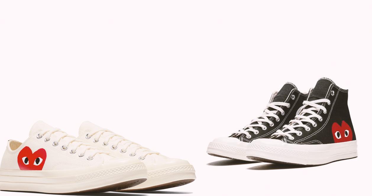 Giày Converse x Comme Des Garcons với thiết kế đặc trưng trái tim, khiến nhiều cặp đôi say đắm.