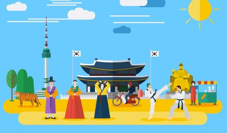 插圖展示韓國文化，包含傳統和現代的元素。