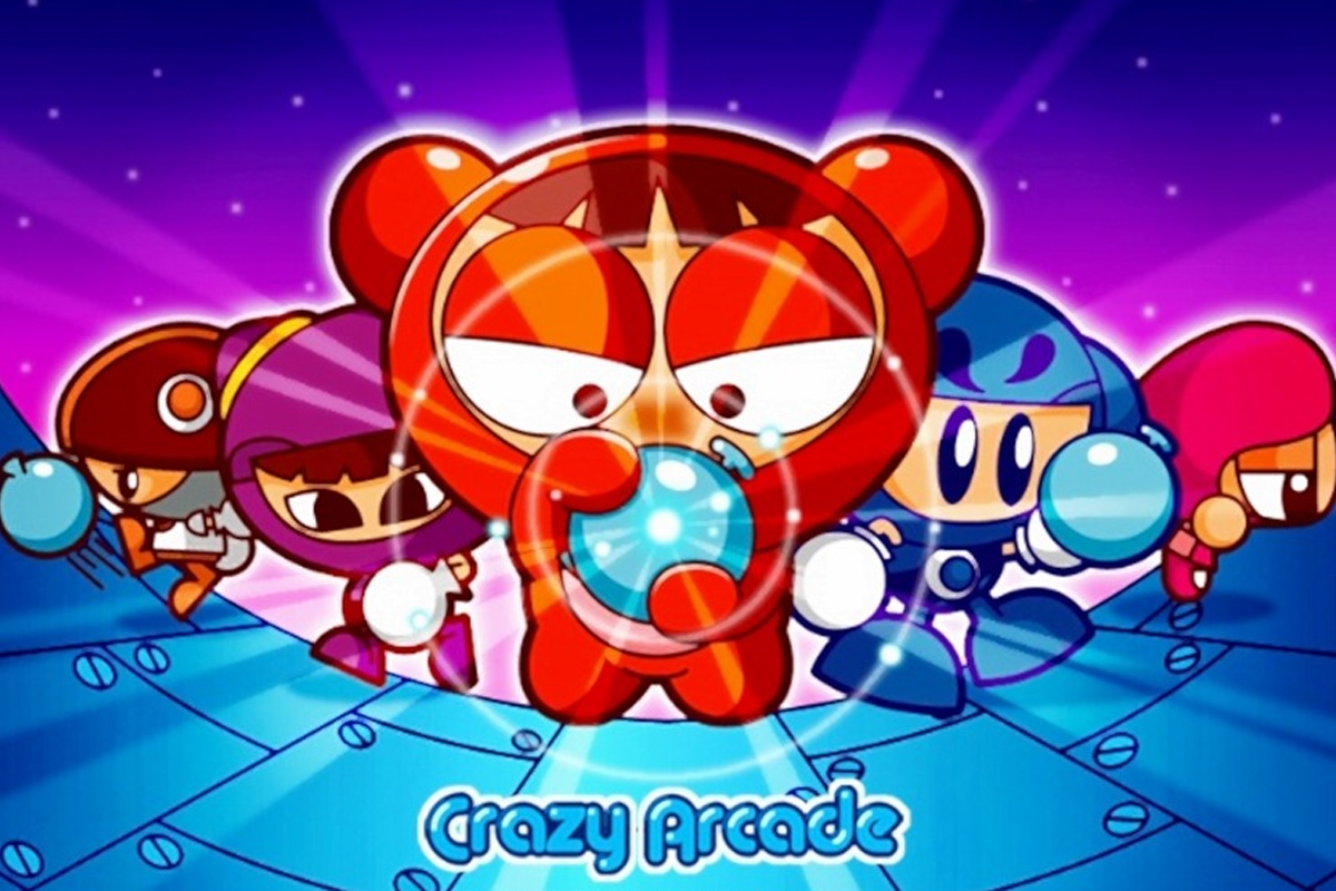 《爆爆王》遊戲插圖，中心是主要角色，周圍是其他五位卡通角色，這是一款經典的韓國線上遊戲。