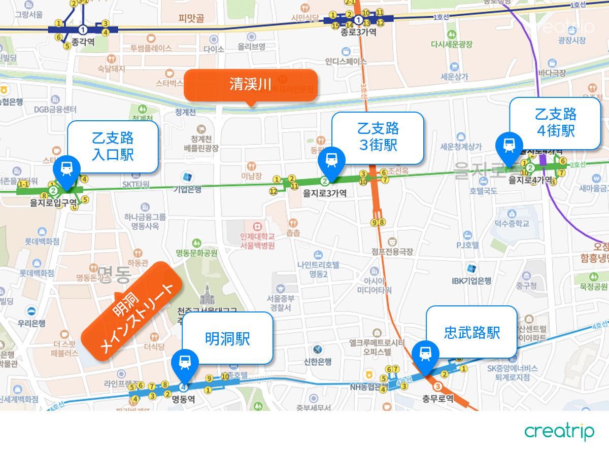 乙支路周辺エリアの地図、ソウルの観光計画に役立つ