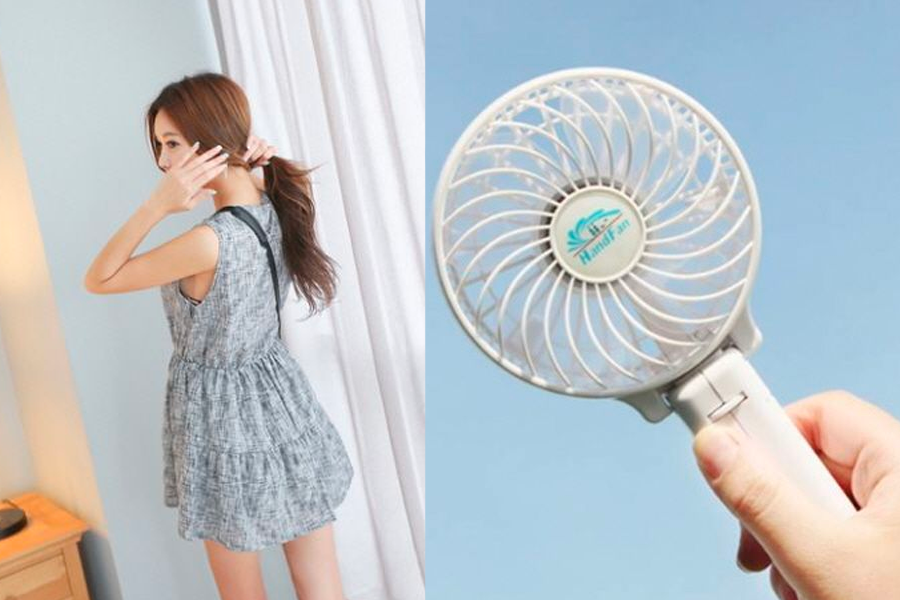 Summer outfit featuring a sleeveless dress paired with a small handheld fan, ideal for keeping cool during hot Korean summers.