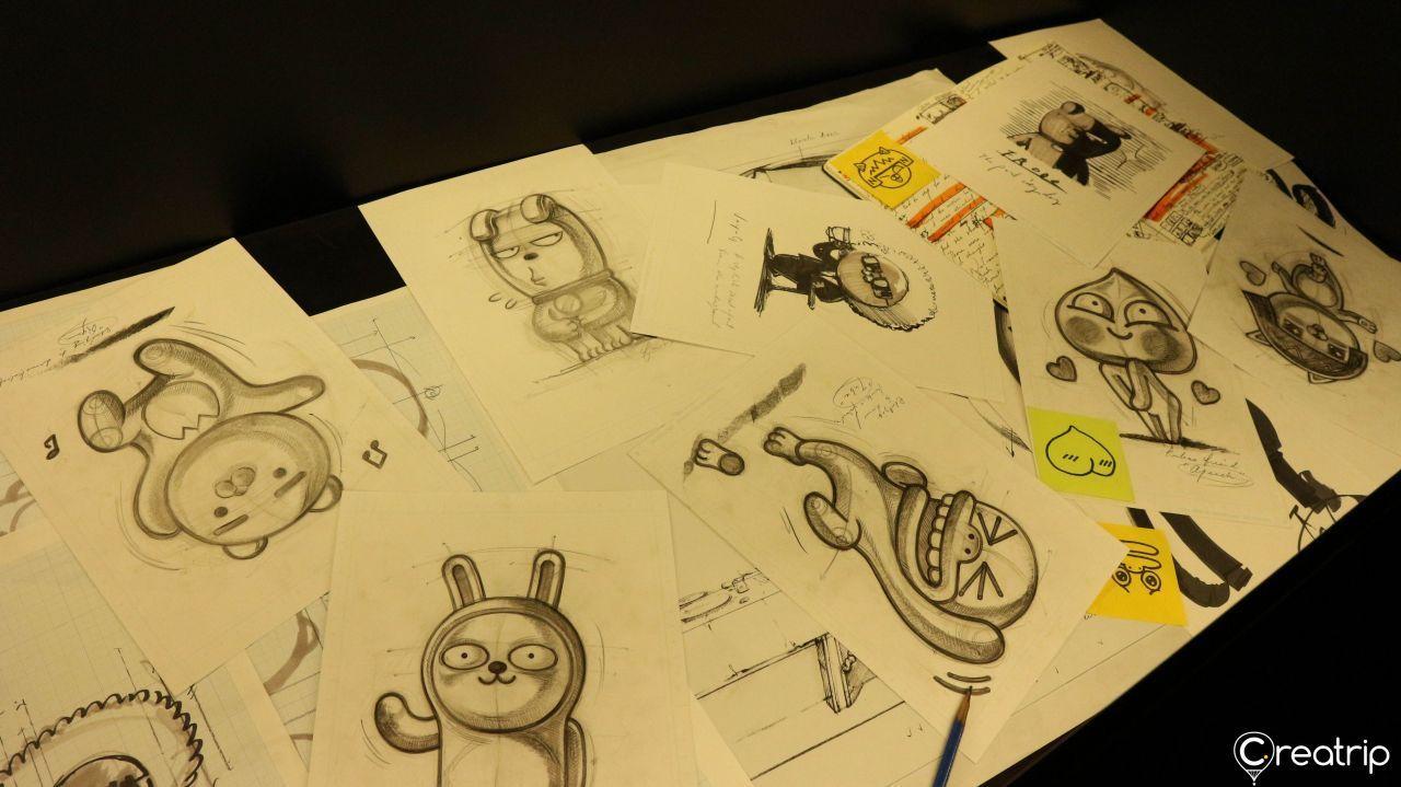 Aesthetic drawing wall for interactive coloring featuring Kakao Friends outlines.