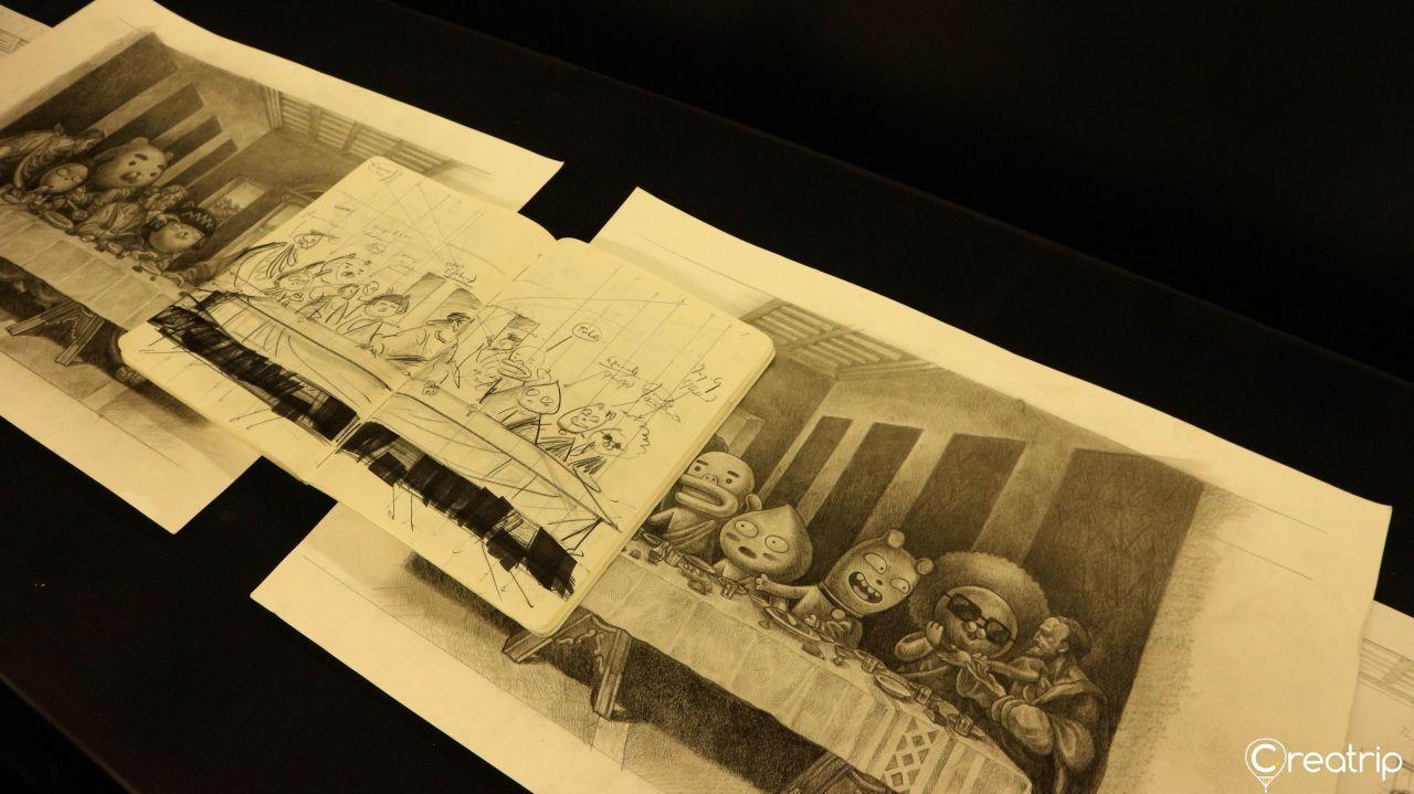 Kakao Friends art creation area with visitor-customized sketches adorning walls.