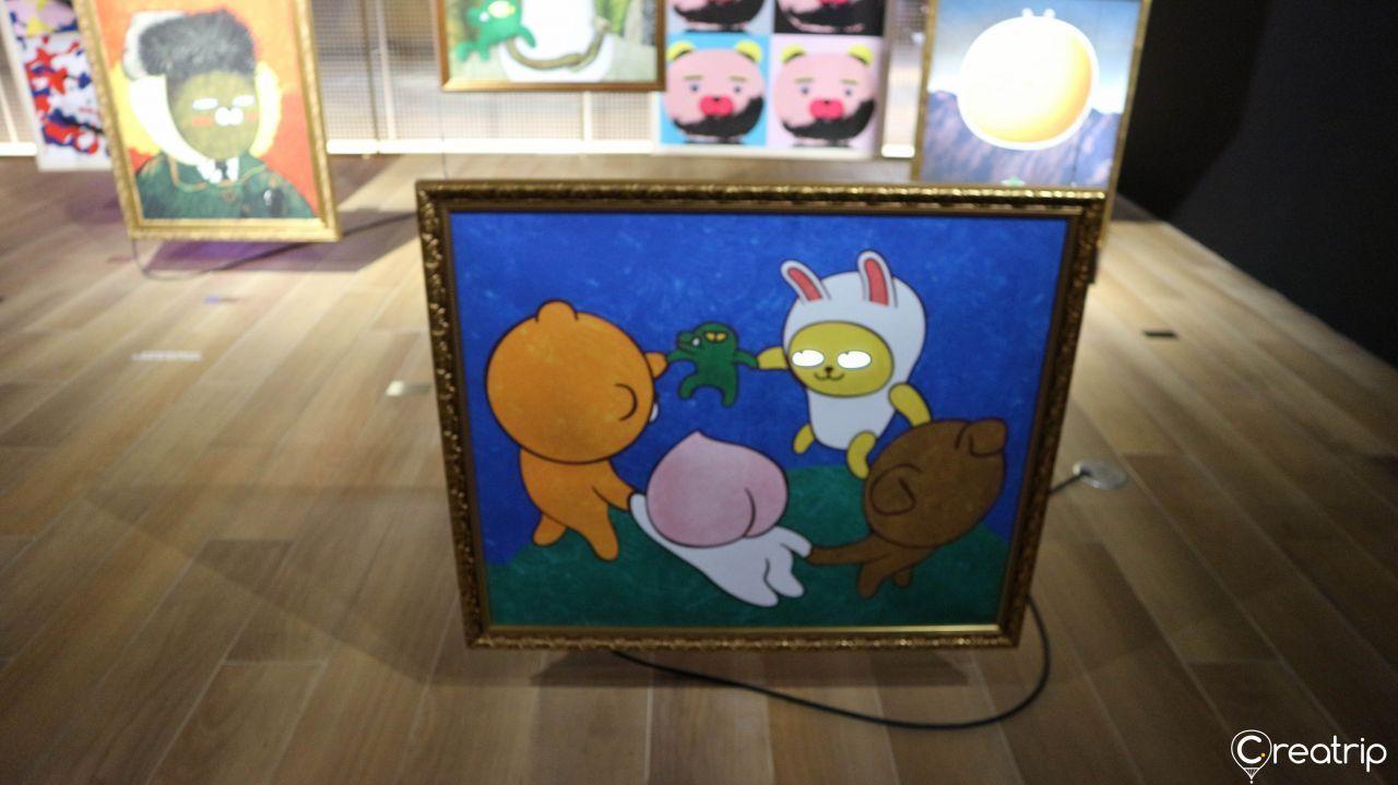 Detail of a famous painting with characters from Kakao Friends replacing historical figures.