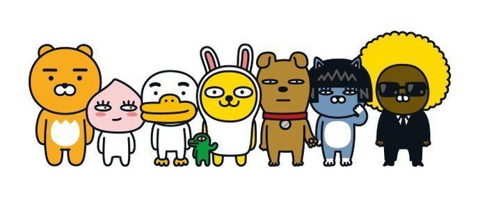 Group of iconic Kakao Friends characters standing side by side in a lineup.