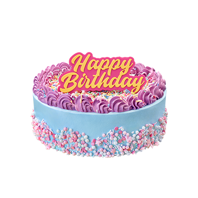 紫のクリームとカラフルなデコレーションが魅力的なサーティワンのハッピーバースデーアイスケーキ