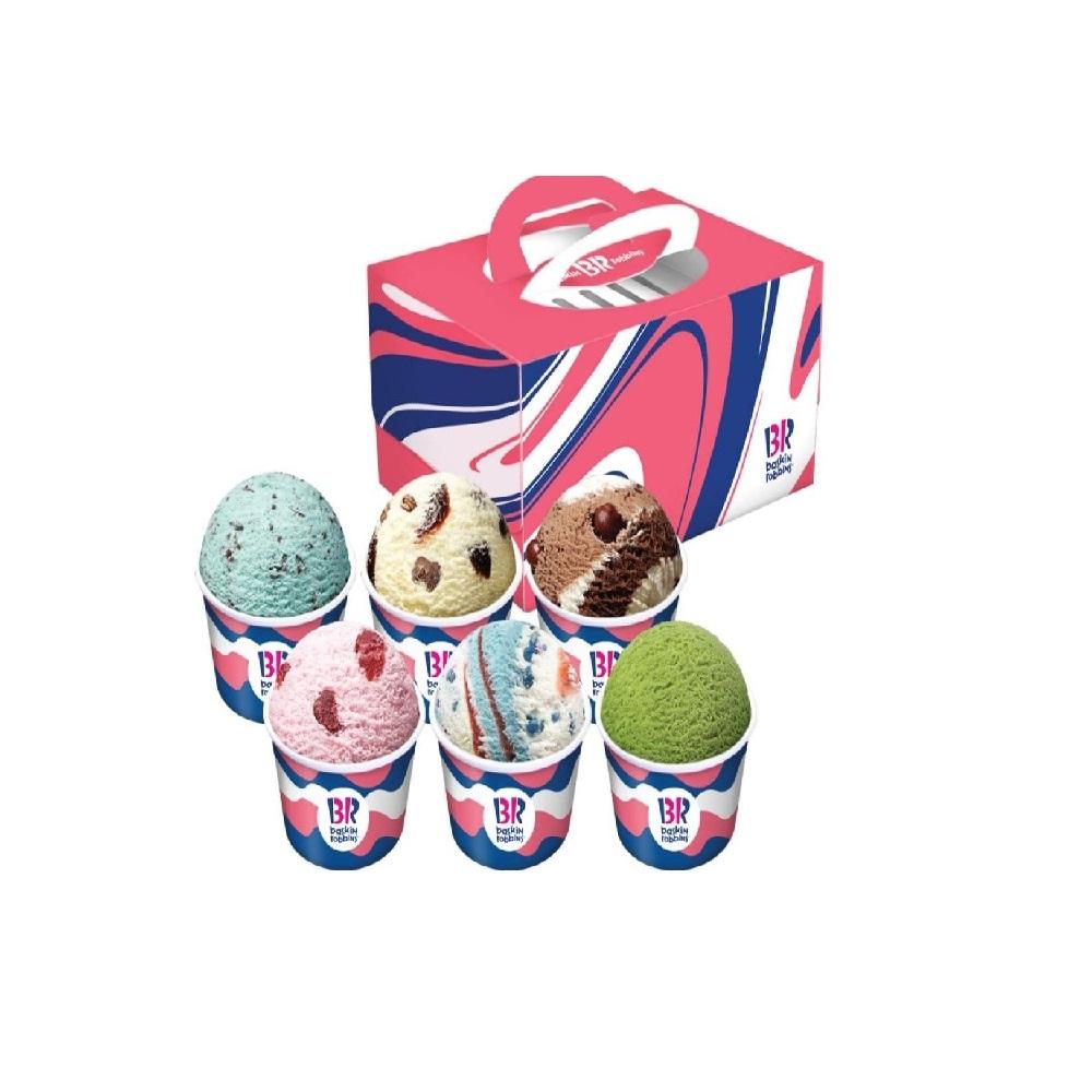 バラエティー豊かなフレーバーのサーティワンアイスクリームカップ、カラフルなボックスに入れてプレゼントするのにぴったり