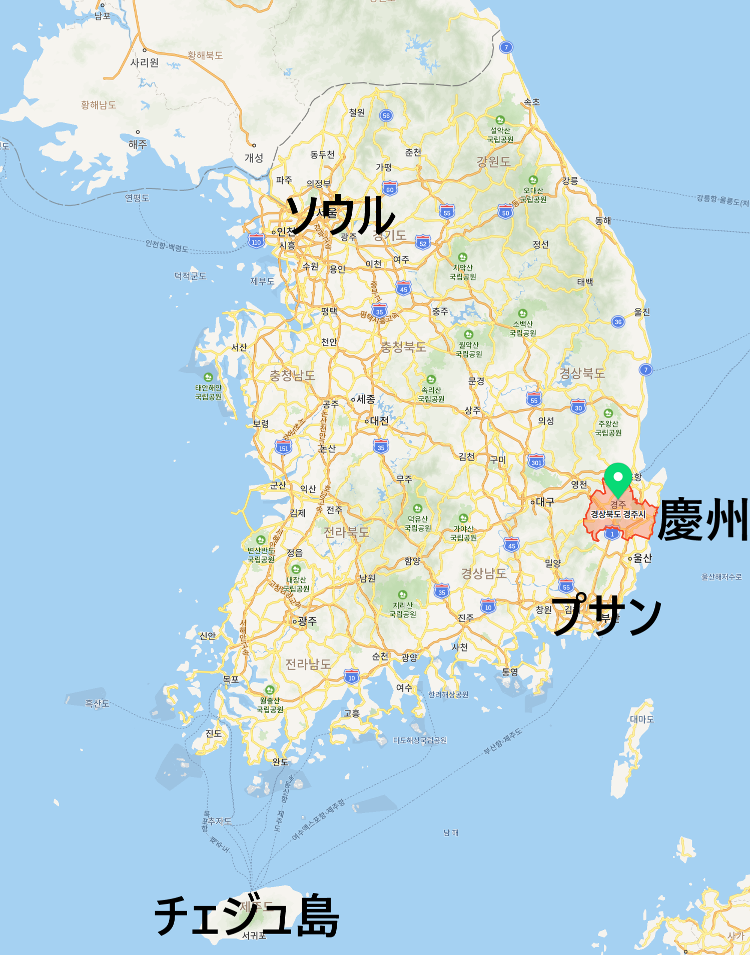 慶州市の位置を示す地図、韓国東海岸