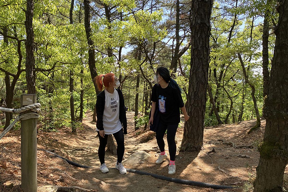 คนเดินป่าท่ามกลางป่าเขียวชอุ่มบนภูเขาอาชาซาน เพลิดเพลินกับอากาศบริสุทธิ์และธรรมชาติรอบตัว