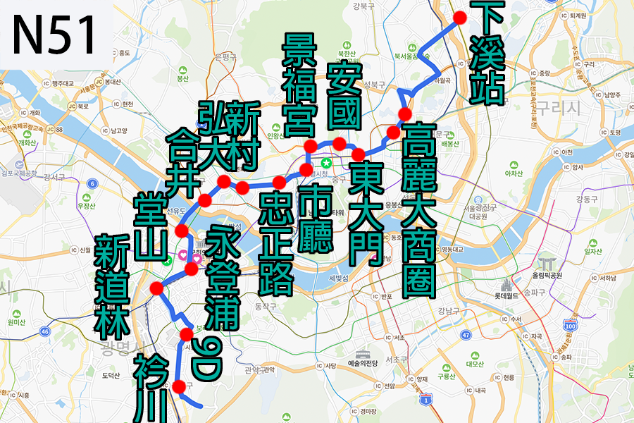 首爾深夜巴士 N51 路線 時間