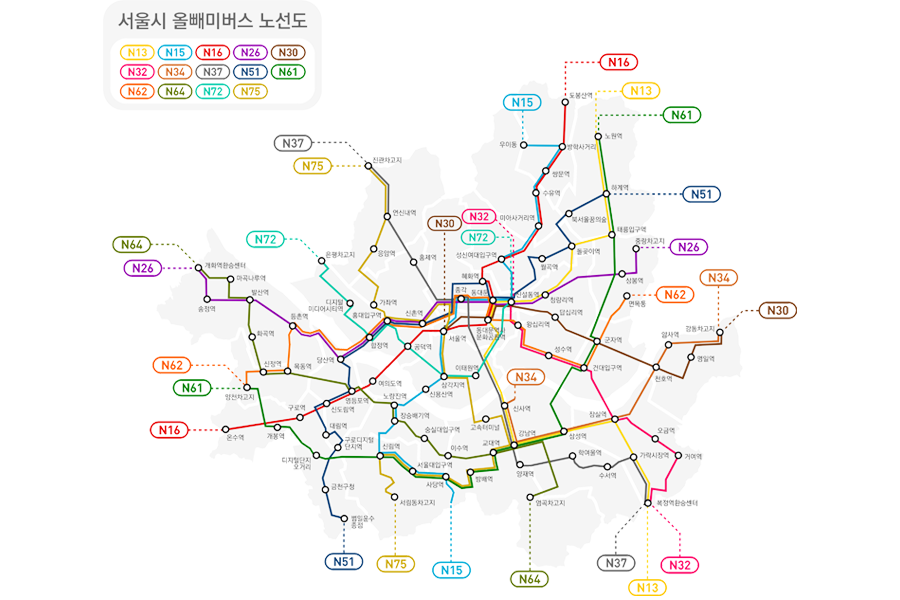 韓國 夜間巴士 路線