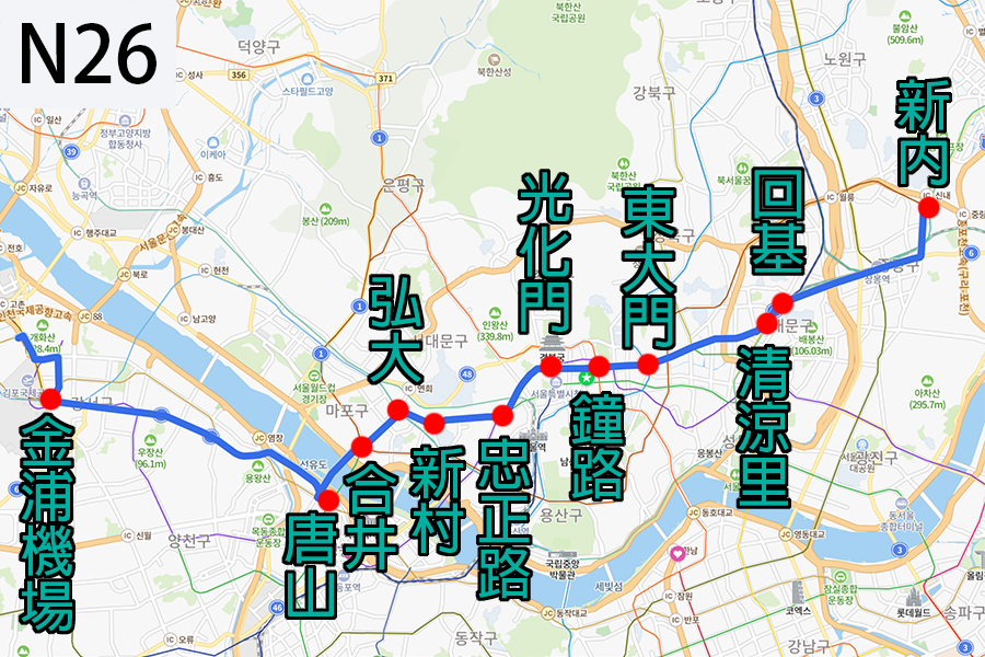 韓國深夜巴士 N26 巴士路線 時間