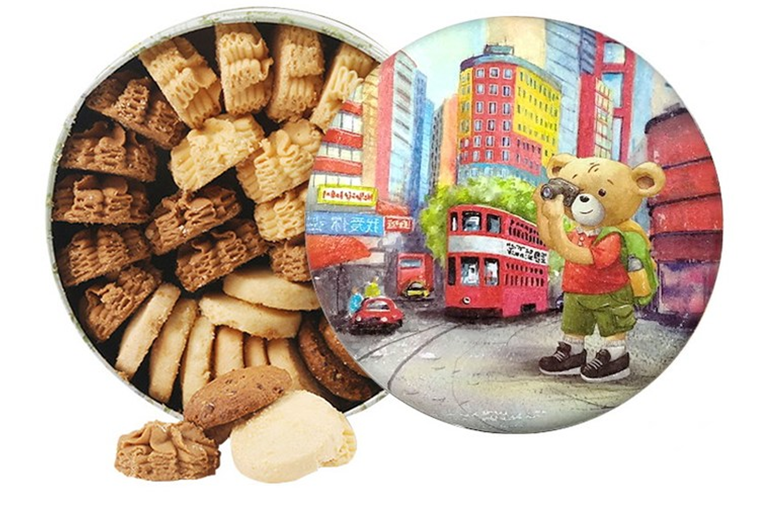 珍妮曲奇的禮盒，這是一款受韓國遊客喜愛的香港特產，其包裝上有香港元素插畫。