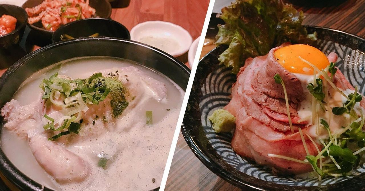 อาหารเกาหลีแสนอร่อยที่ร้านในนัมโพดง บูซัน ประเทศเกาหลีใต้ แสดงอาหารหลากหลายทั้งแบบน้ำและแห้ง.