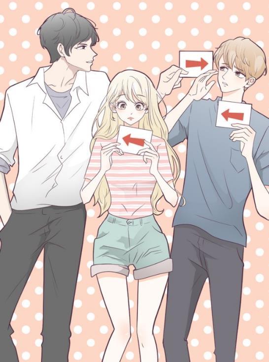 ウェブ漫画『借りた体』のイラスト。3人の若者が描かれ、背景に淡いピンクと白のドットがあり、カジュアルな服装で手に矢印のカードを持っている。