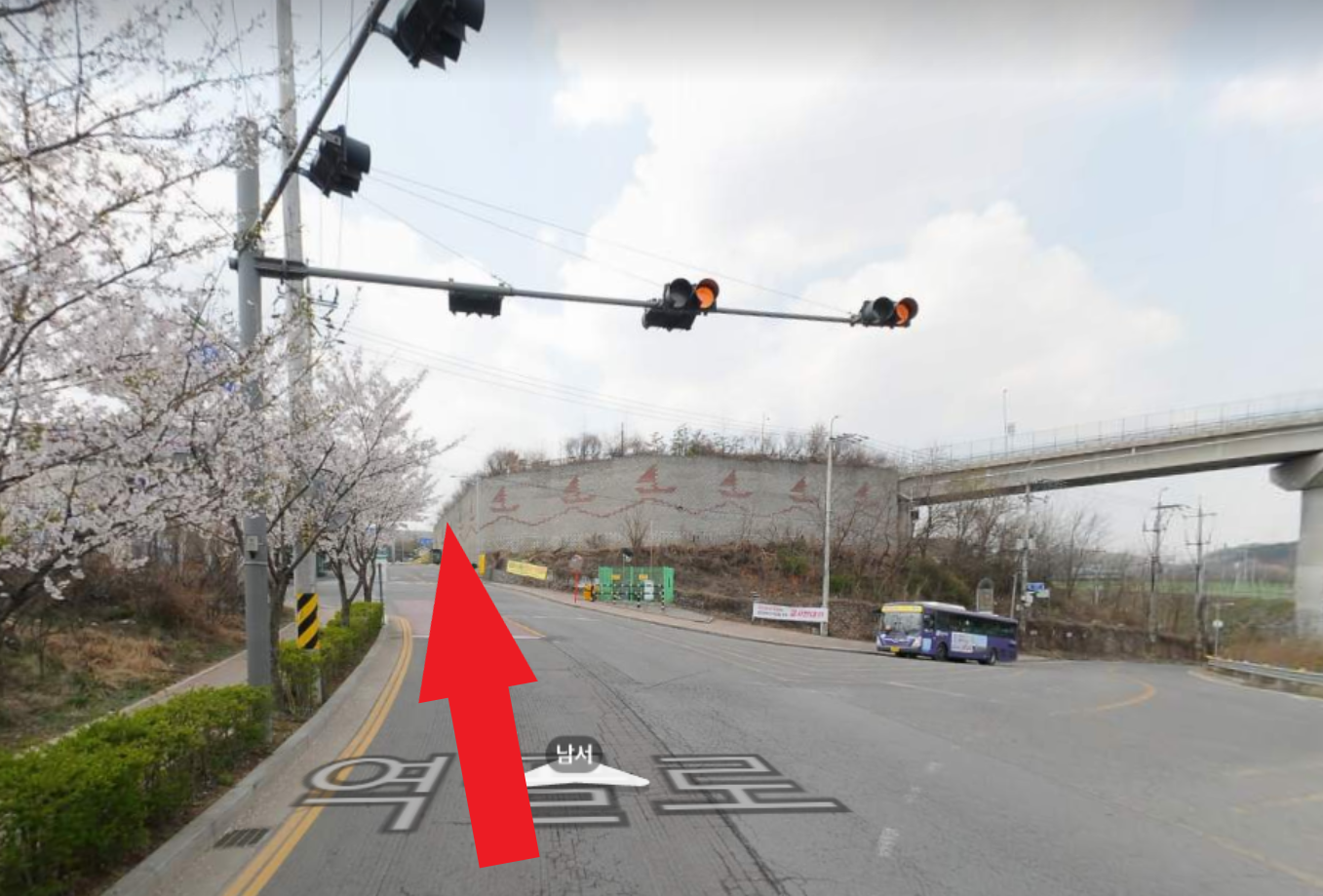 春の桜が咲く韓国の道路と鉄道を行く方向を示す矢印