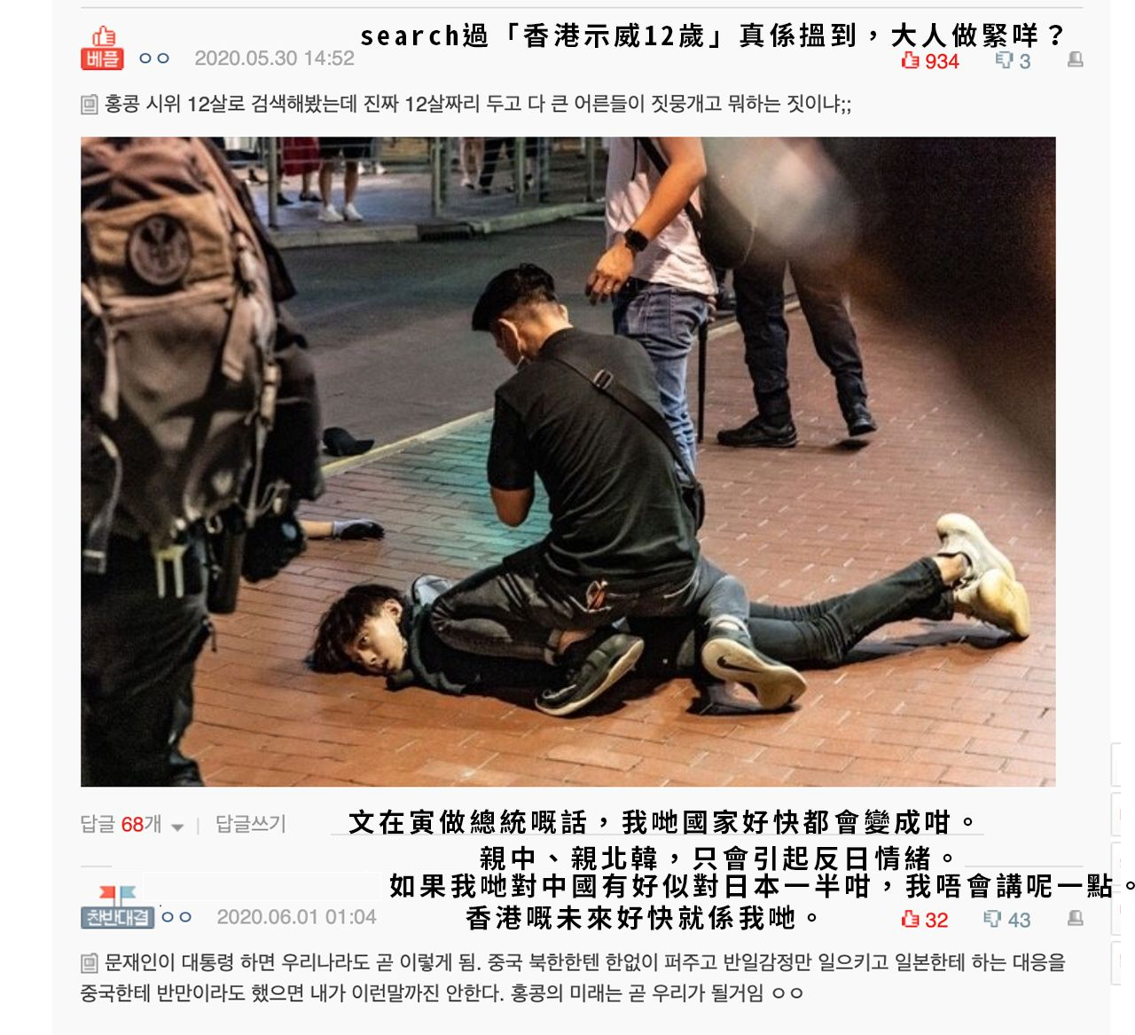 針對香港示威事件的論壇評論截圖，描述特殊情況