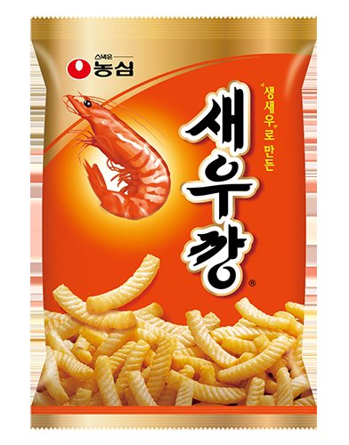 韓國知名蝦條品牌農心的商品包裝圖片，上面有字樣 '새우깡' 和一隻大蝦插圖