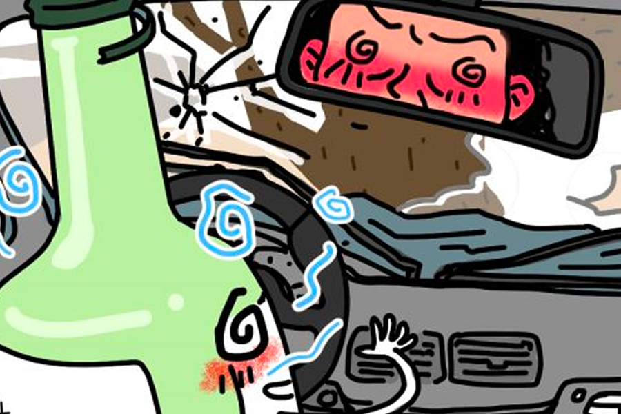 描繪酒後駕駛危險的插圖，畫中看到一個駕駛在失控的車內，與酒瓶畫面重疊。