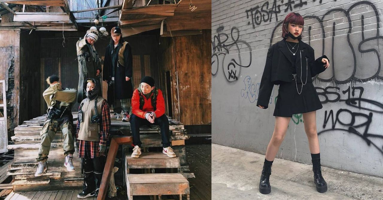 一群穿著獨特風格服裝的年輕人，展示著他們個性化的時尚，背景牆上的塗鴉增添了都市潮流氛圍。