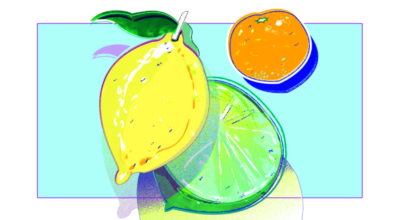 クリエイトリップのブログ記事に使用されたイラスト、レモン、ライム、オレンジのスタイリッシュなイラスト。カラフルな背景が印象的なデザイン。