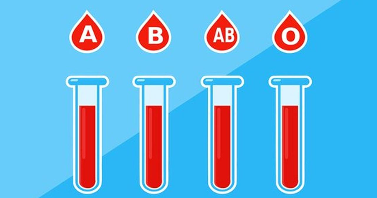 四個試管裡裝著代表血型的血液，背景是藍色。