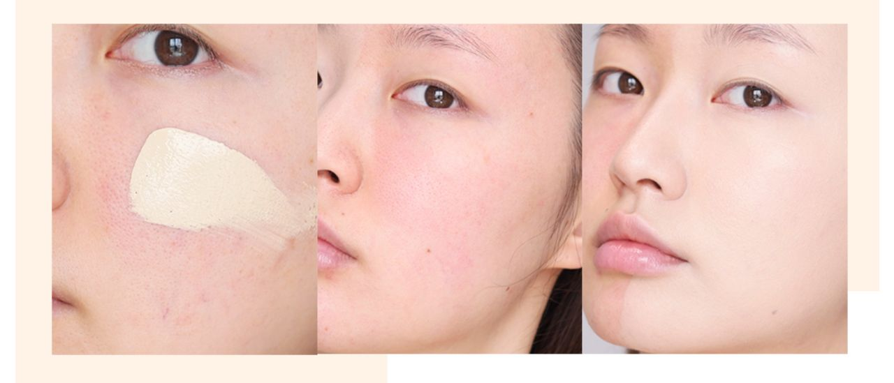 INGA 刺青粉底液均勻塗抹於顧客臉頰，該產品展示了其光滑和卓越的遮瑕效果。