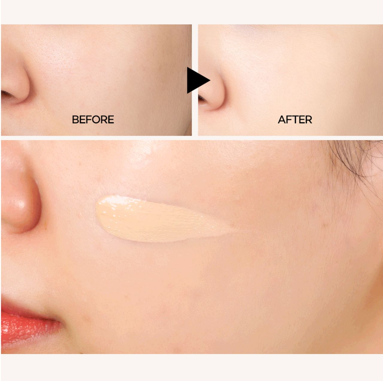 INGA 刺青粉底液在顧客臉上使用前後對比，顯示前側有瑕疵，後側肌膚光滑細緻，效果顯著。