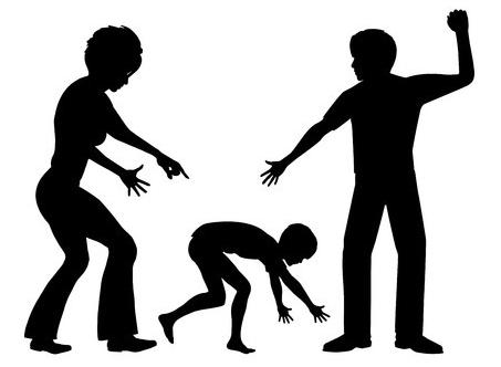 韓國，剪影顯示父母對孩子進行體罰的場景。