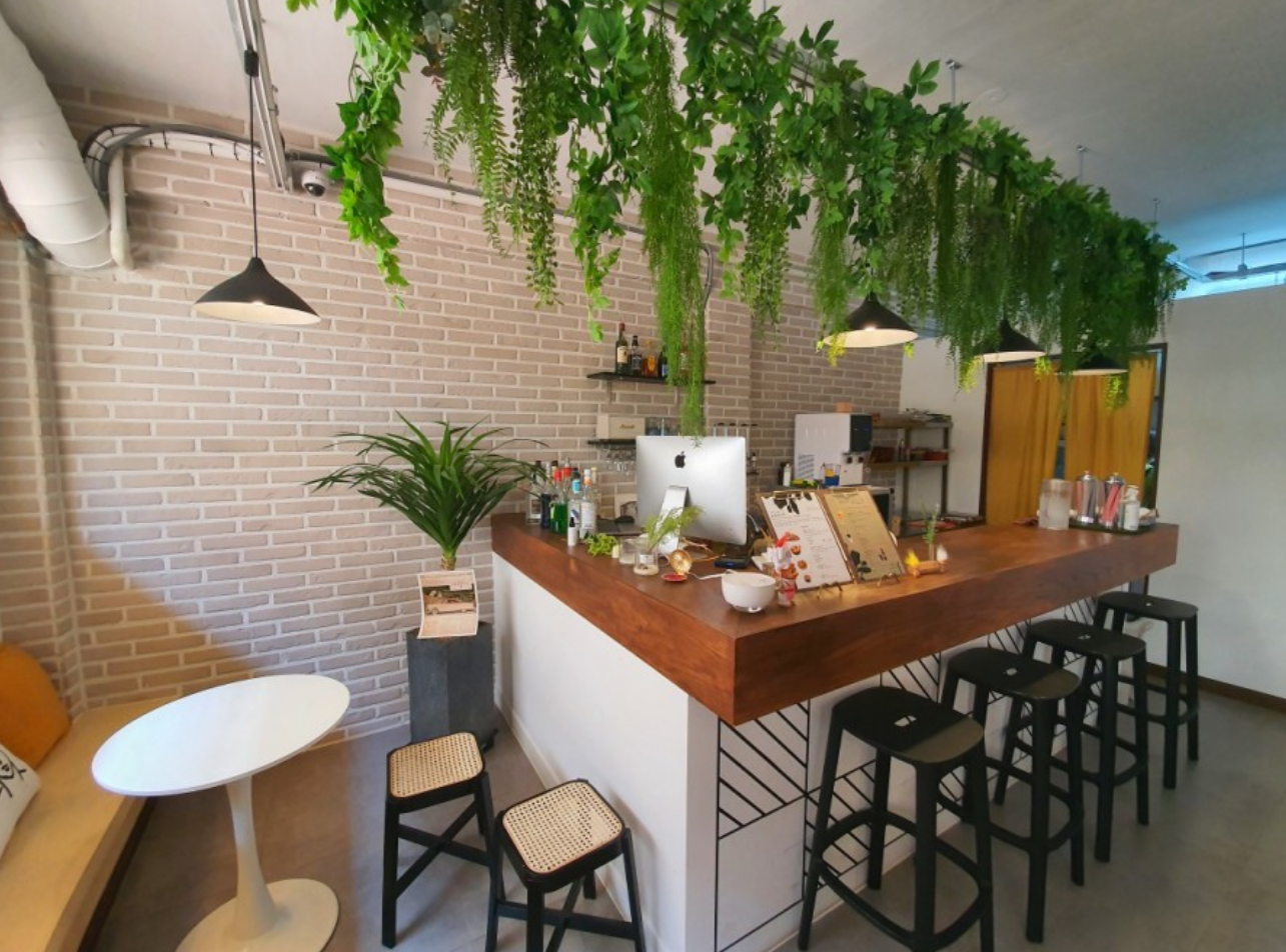 Lowicカフェで食事を註文できるカウンター、モダンなインテリアとグリーンの飾りが印象的。