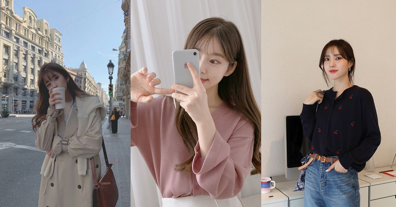 三位女生在不同場景展示韓國流行時尚搭配，風格多樣。