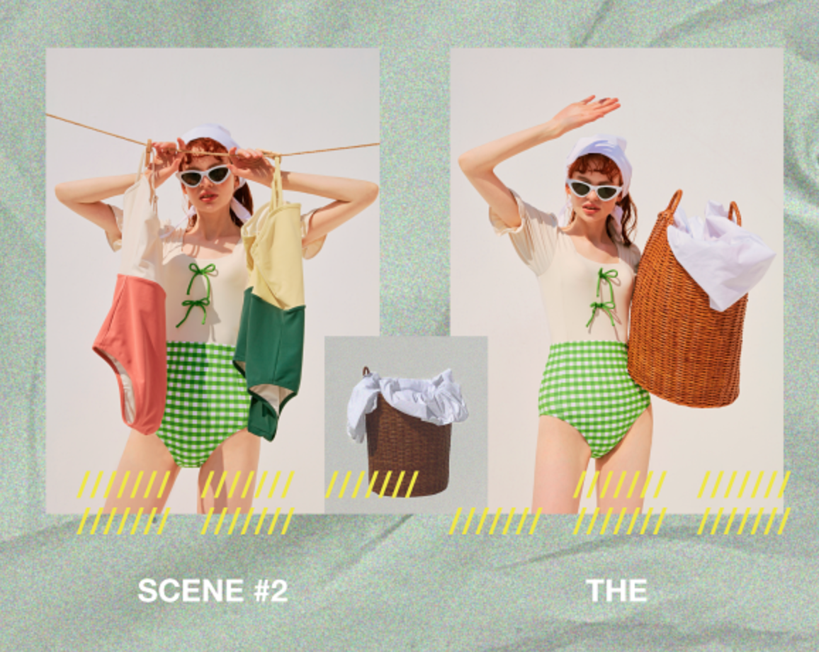 綠色和白色格子泳裝，場景包含模特兒拿著多件泳裝