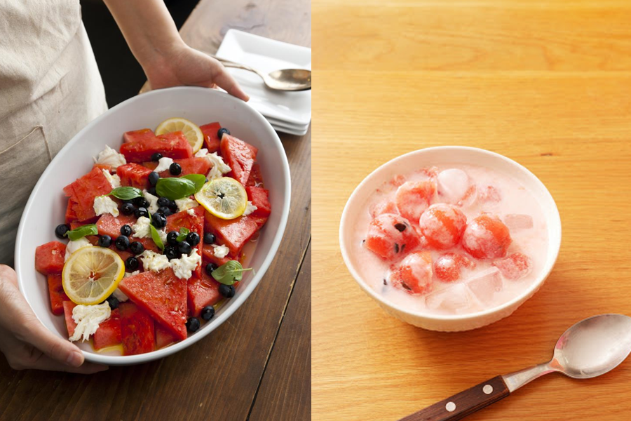 韓國夏日甜品花菜，西瓜和藍莓冰飲與奶油相搭配，提供夏日清甜享受。