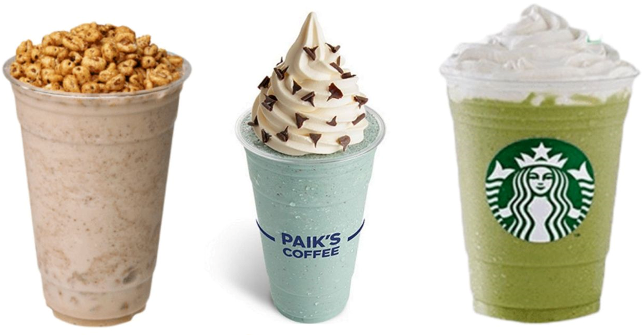 Tres bebidas exclusivas de populares franquicias de café en Corea, incluyendo Smoothie King, Paik's Coffee y Starbucks.