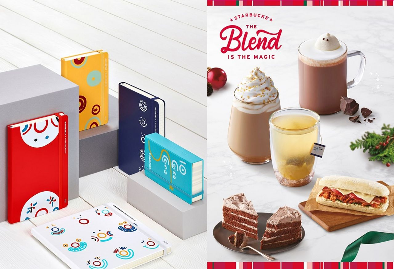 韩国星巴克冬季饮品和食品展示。左侧是富有韩国联名款的笔记本，而右侧展示了冬季特别饮品和甜点。